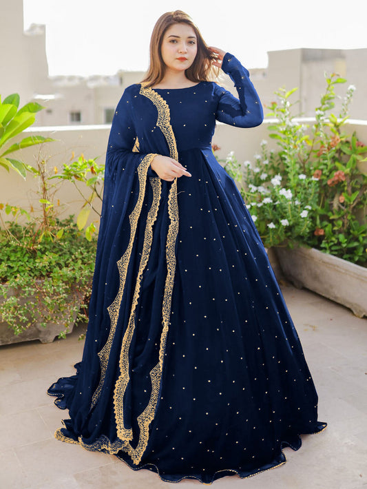 Front & Back Pearls And Lace Work Long Flare Maxi With Embroidered And Pearls Work dupatta 3pcs
